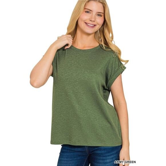 Zenana Cotton Modal Slub Rolled Sleeve T-Shirt - Picture 1 of 2